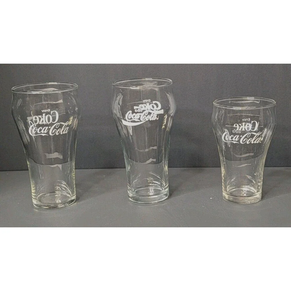 Coca-Cola Enjoy Coke Contour Glasses Lot of 3 (2 Large 1 Small) Clear Glass